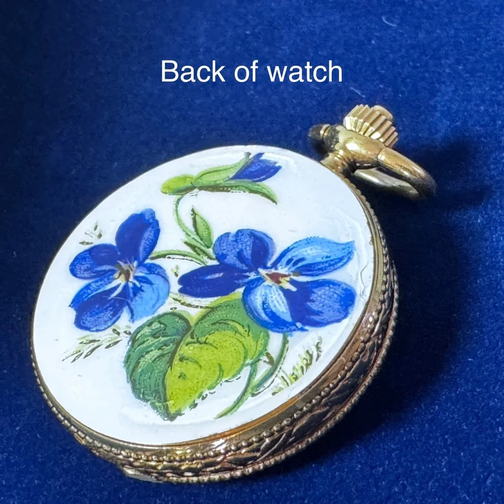 Vintage Bucherer Gold Floral Ceramic Quartz Pendant Watch Violet